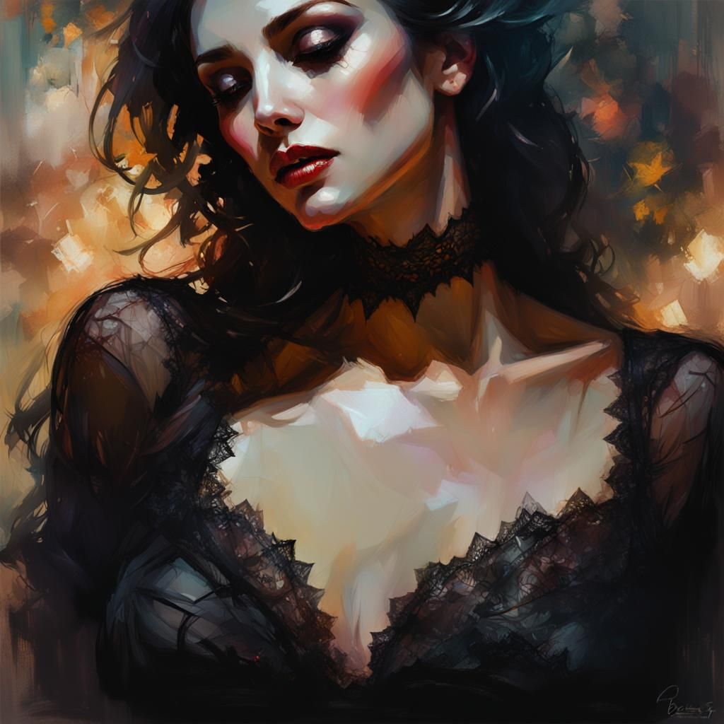 Bokeh background, Gorgeous vampire woman in black lace; eyes...