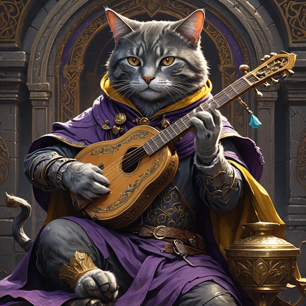 Cat-Human Bard Portrait in Dark Fantasy Style