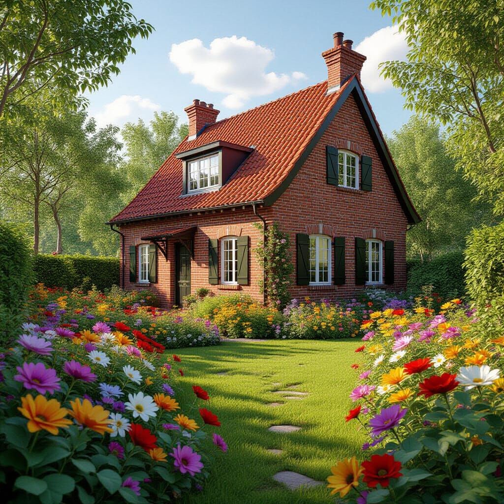 Brick House in Flower Garden: Realistic Digital Art