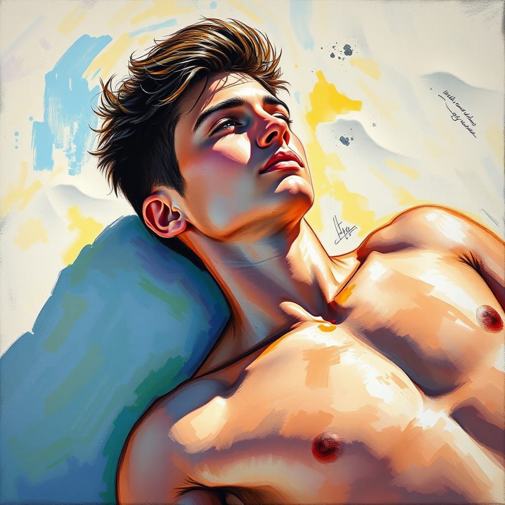 Man Sunbathing on Beach, Detailed Gouache-Style Charcoal Dra...