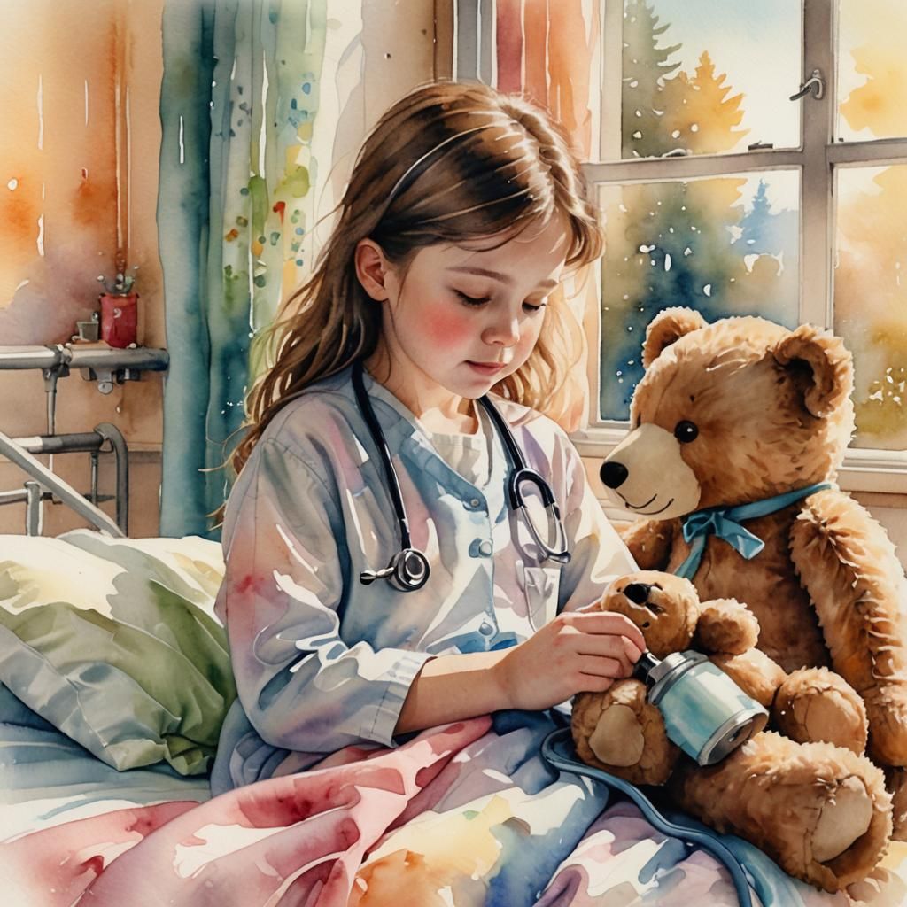 Child Doctoring Teddy Bear in Whimsical Watercolor