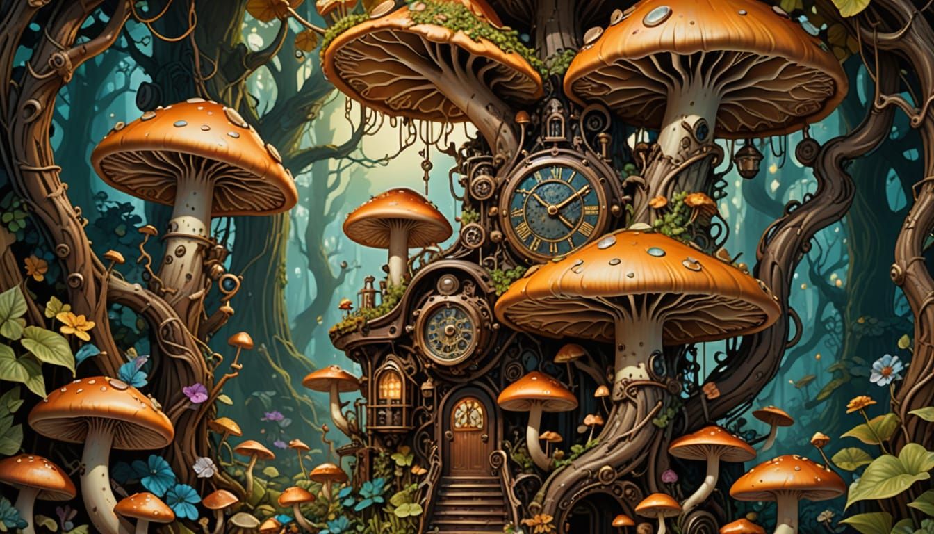 Surreal Steampunk Garden Scene in Warm, Golden Light