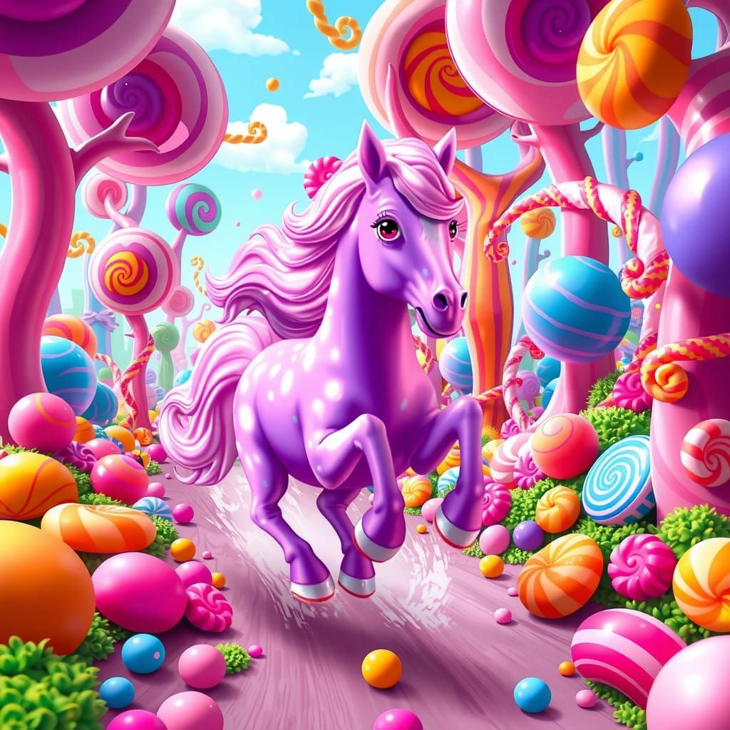Whimsical Purple Bubblegum Horse in a Vibrant Candy Forest