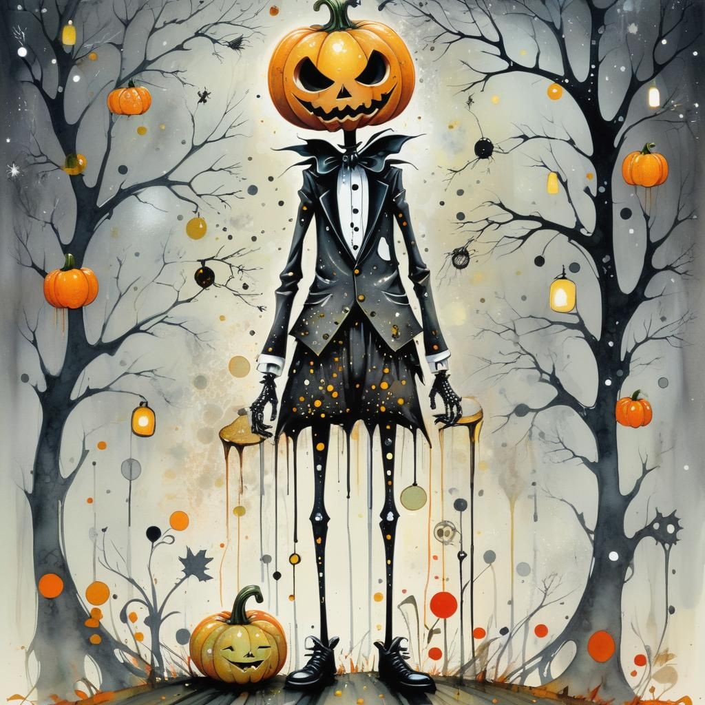 Whimsical Pumpkin Head in Pen and Ink Style