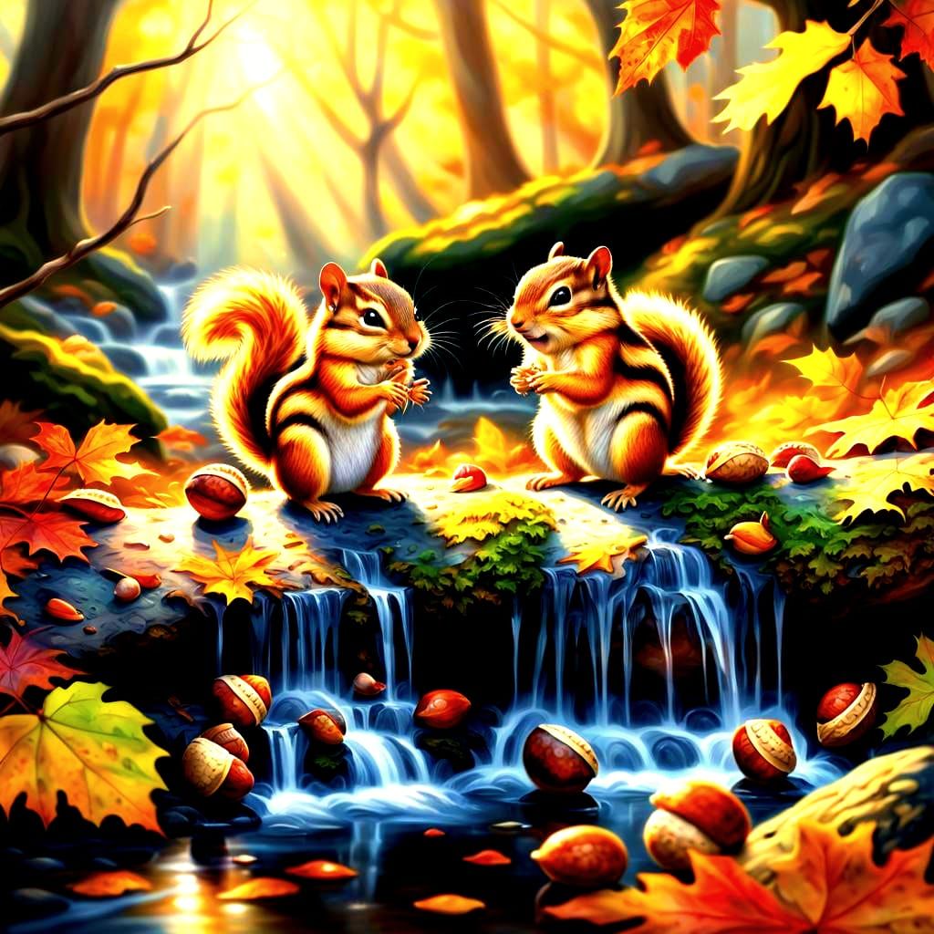 Chipmunks Playing in Autumn Waterfall Wonderland