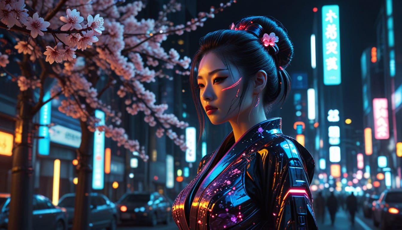 Cyberpunk Geisha in Neon Tokyo