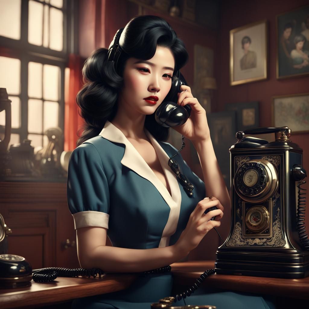 Korean Woman with Telephone in Pin-Up Style