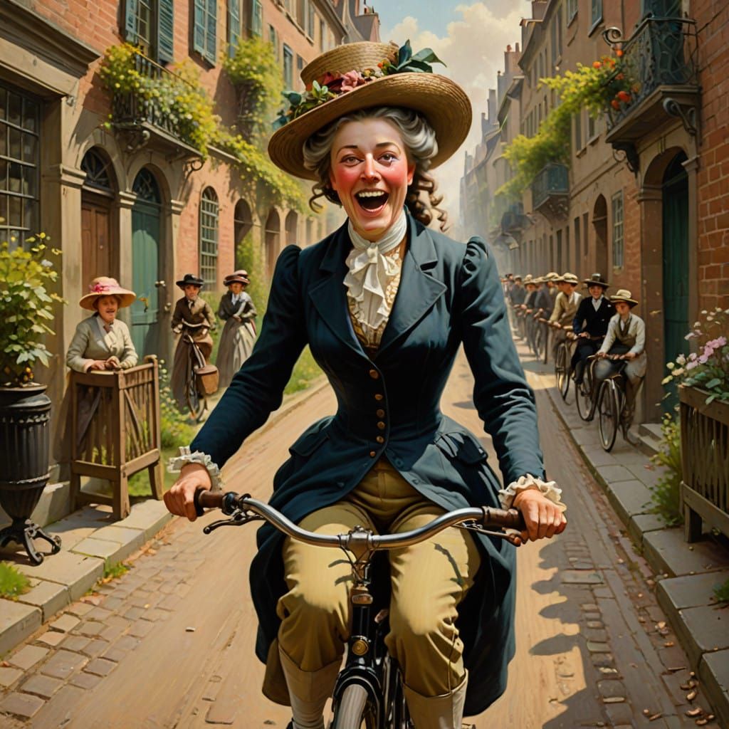 Victorian Lady Rides Elegant Christmas Bike in City Garden