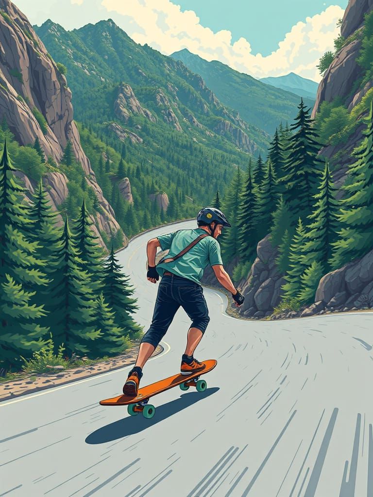 Skateboarder Speeds Down Mountain Road in Stylized Illustrat...