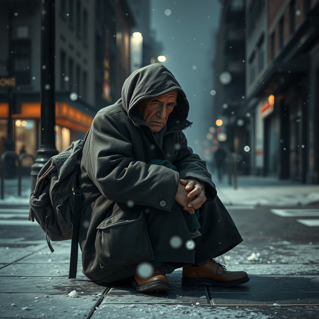 Homeless Man in Snow, Film Noir Style