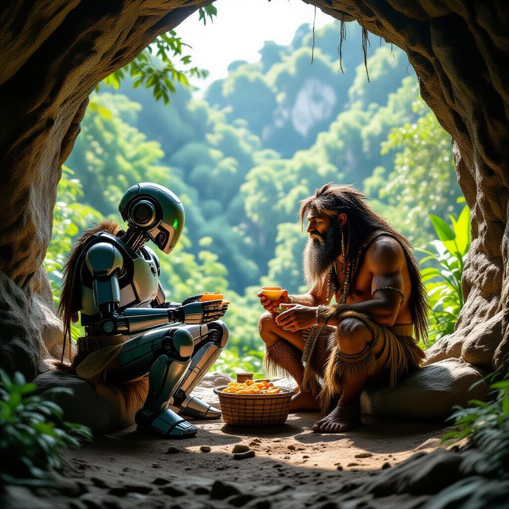Robot and Caveman Share Meal in Realistic Fine Art Style