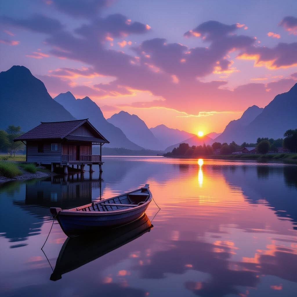 Peaceful Riverside Sunset with Ancient Boat and Mountains