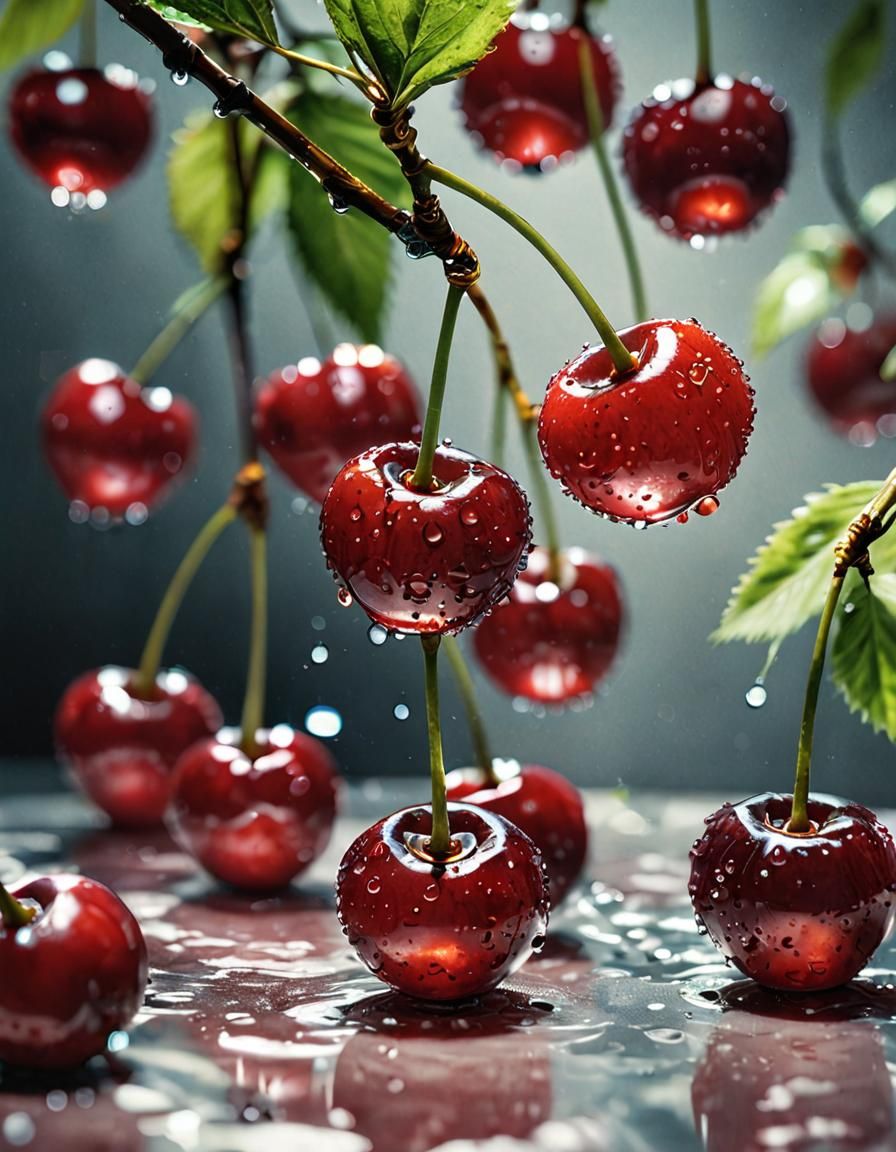 Hyperrealistic Cherries with Condensation as Watercolour