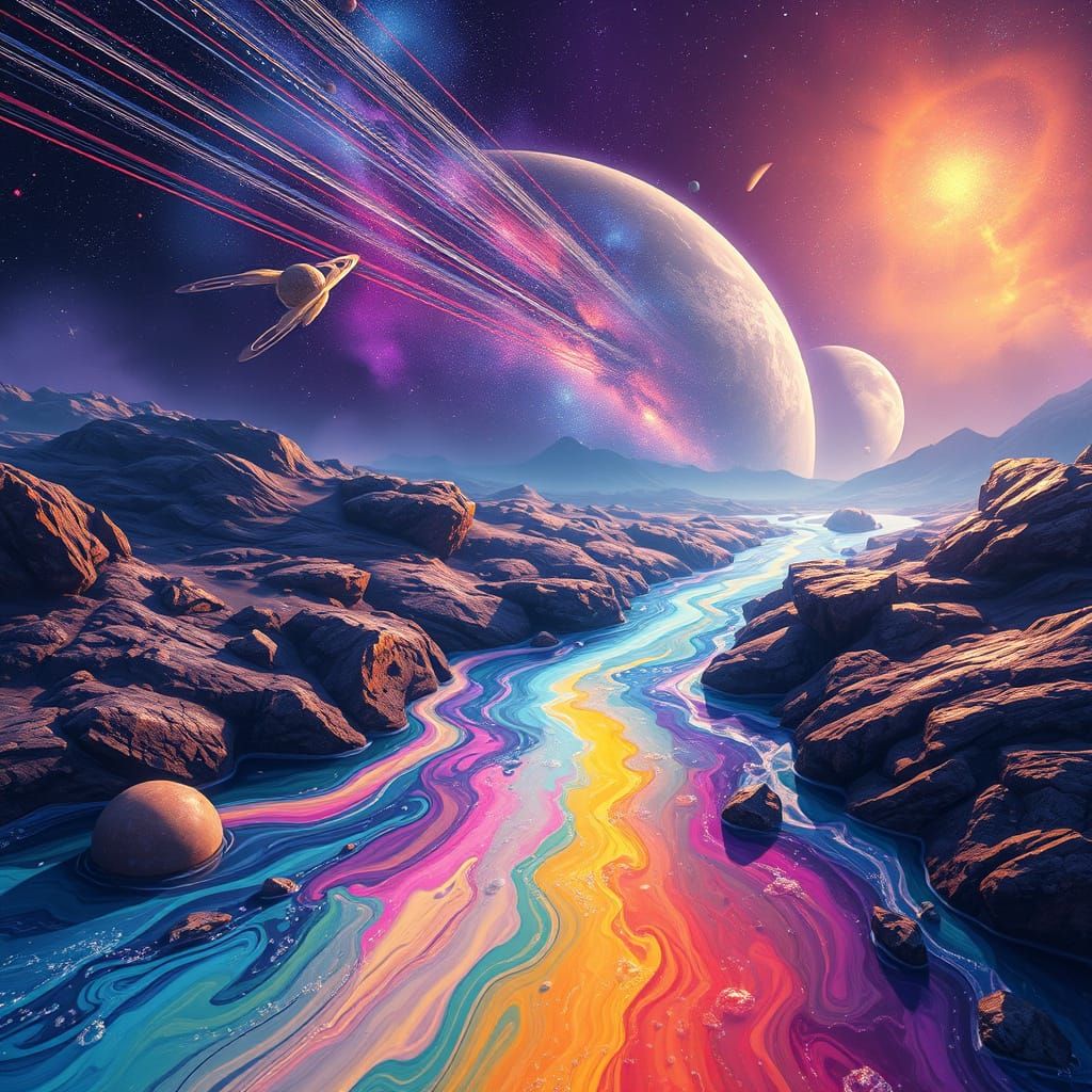 Cosmic River in Vibrant Watercolor Style