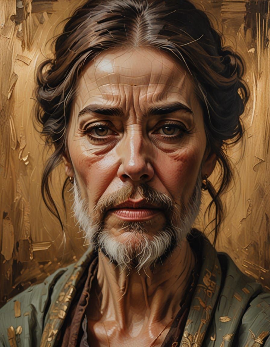 Sad Bearded Woman Portrait in Oil Painting Style