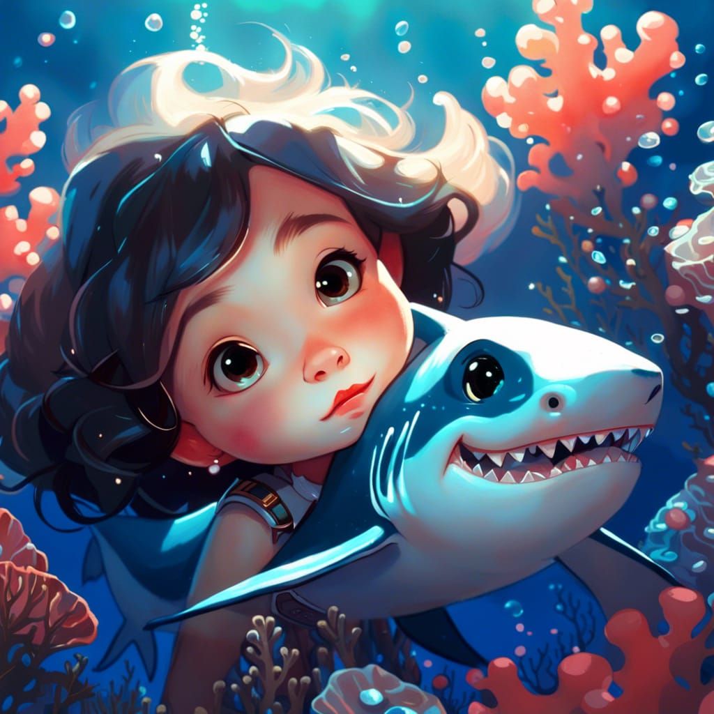 Adorable Baby Shark Sleeping on Coral: Digital Art