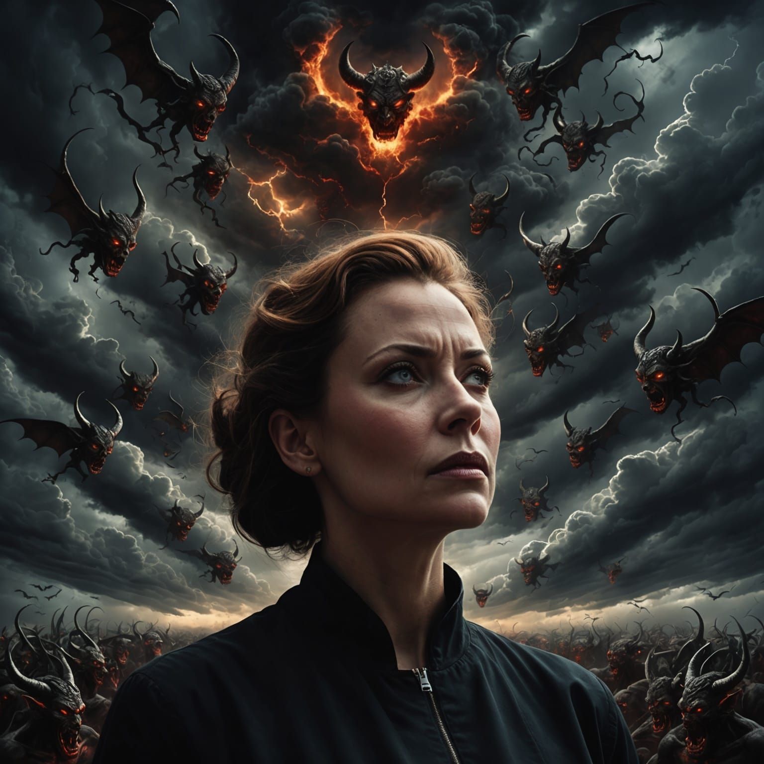 Ethereal Woman Surrounded by Ominous Dark Clouds