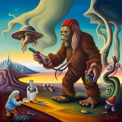 Surreal Sasquatch, Alien, and Gnome in Dali Style