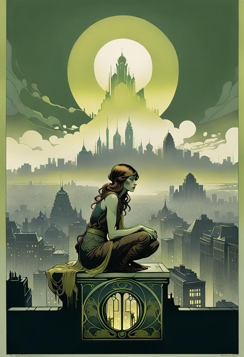 Bleak Art Nouveau Print of Giant Girl Over City