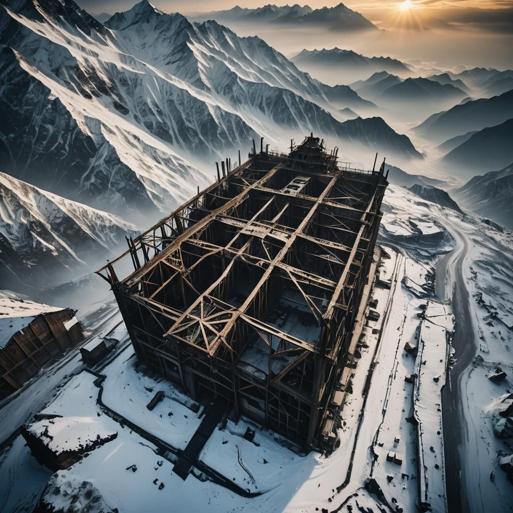 Surreal Horror: Hangar Invades Himalayas in Doré Style