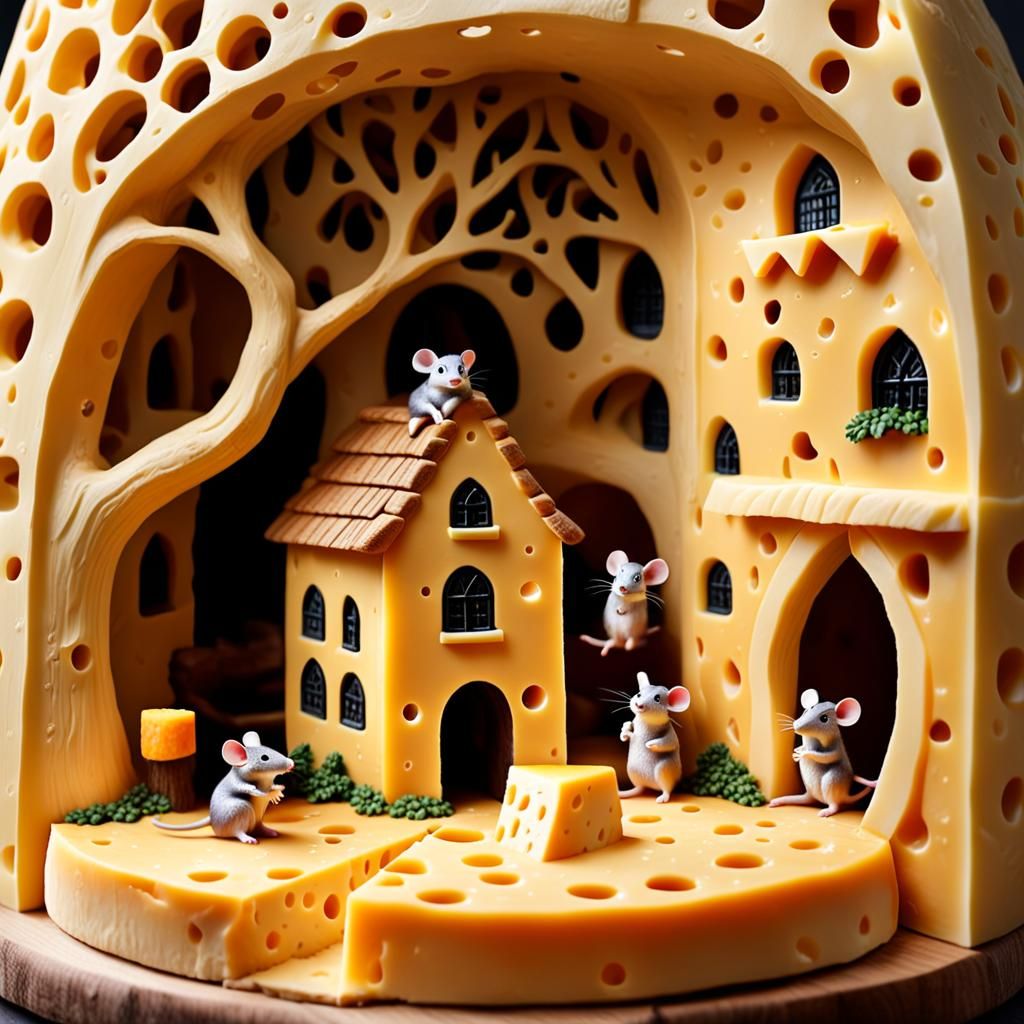 Intricate Cheese Village with Mice
