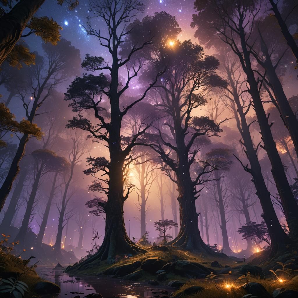 Mystical Forest Star Rain: Fantasy Concept Art
