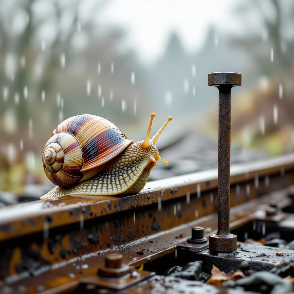 Snail in Hailstorm on Rail, Whimsical Illustration