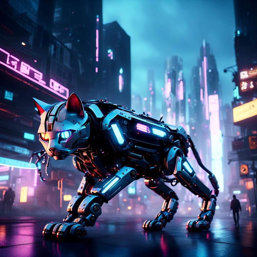 Cyberpunk Robotic Cat in Futuristic Cityscape