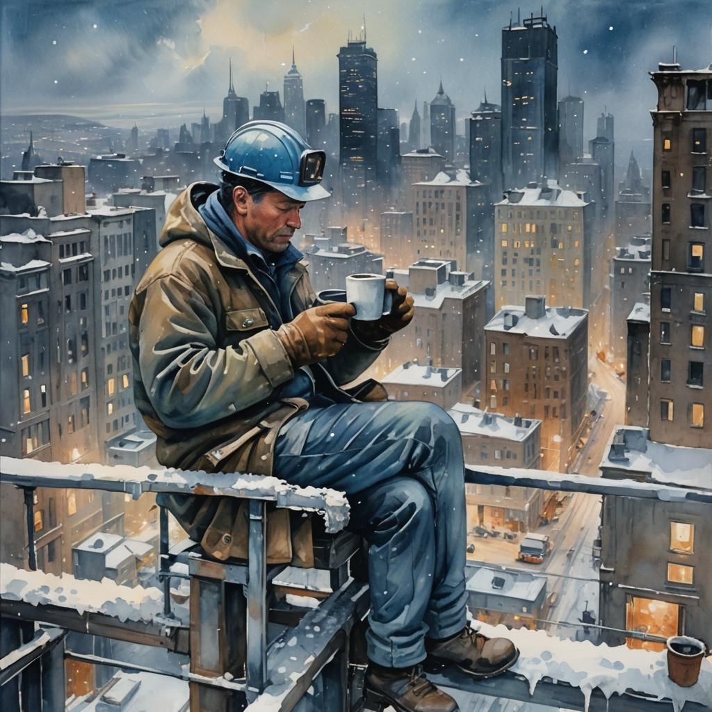 Construction Worker's Snowy City View in Gouache Watercolor