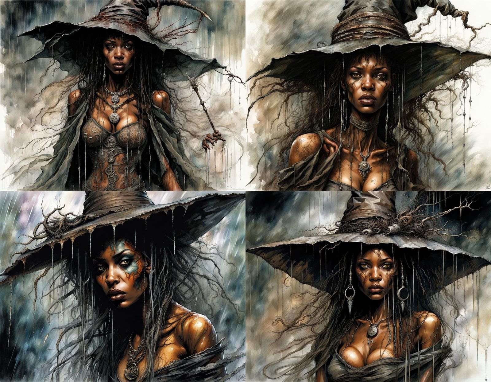 Gothic African American Witch Flying in the Rain