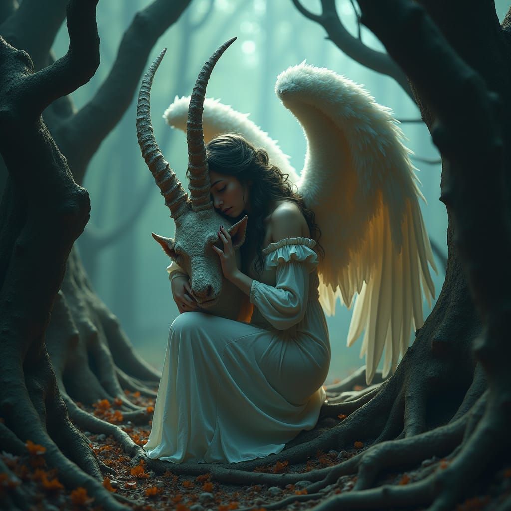 Sorrowful Angel with Baphomet in Mystical Realm