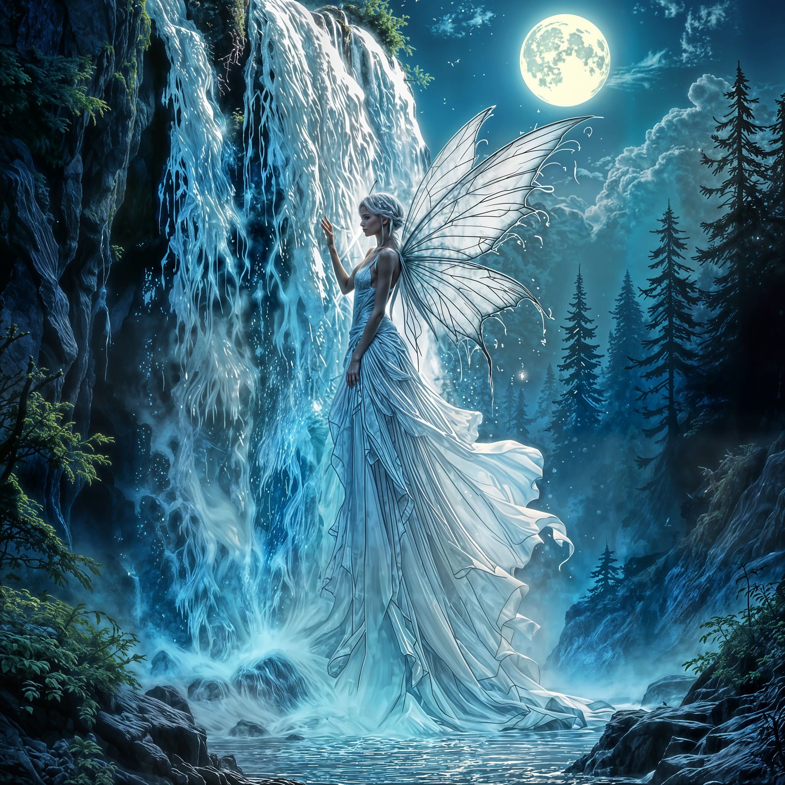 Silver Water Fairy Fused With Waterfall