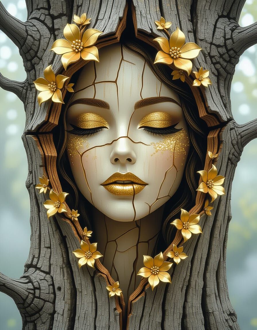 Ethereal Woman Sculpture Emerging from Tree Trunk