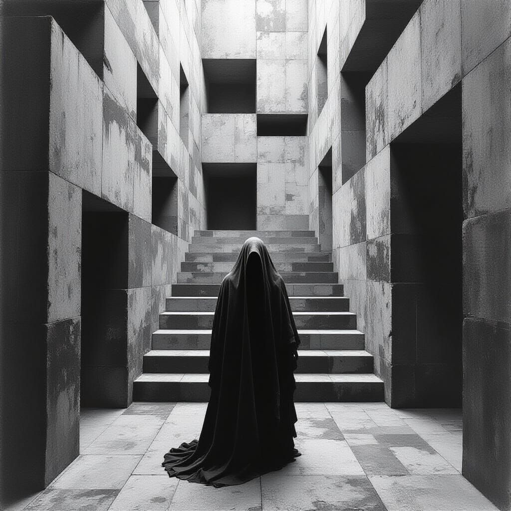 Gaunt Figure in Brutalist Labyrinth: Da Vinci Style
