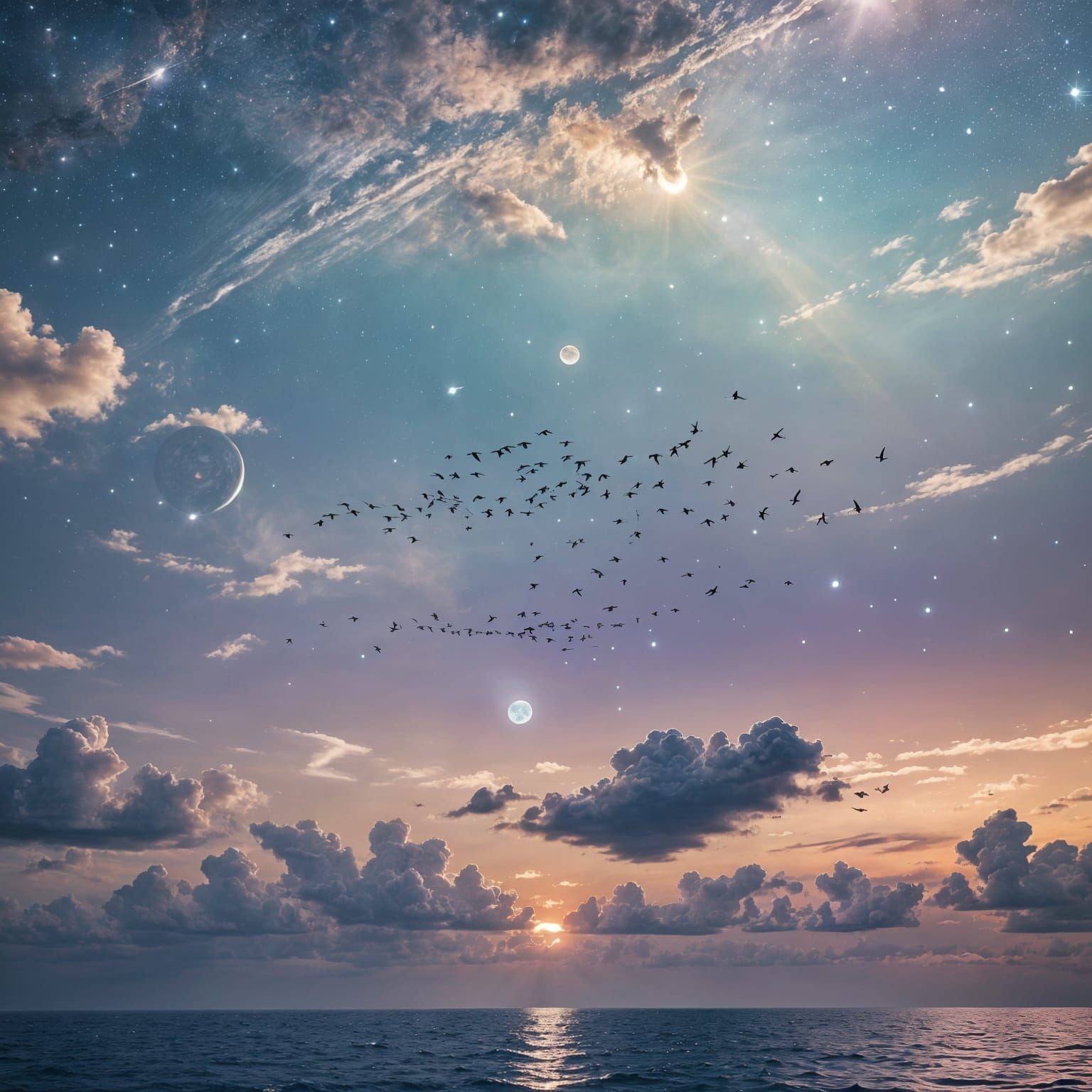 Tranquil Ocean Scene with Birds and Solar System
