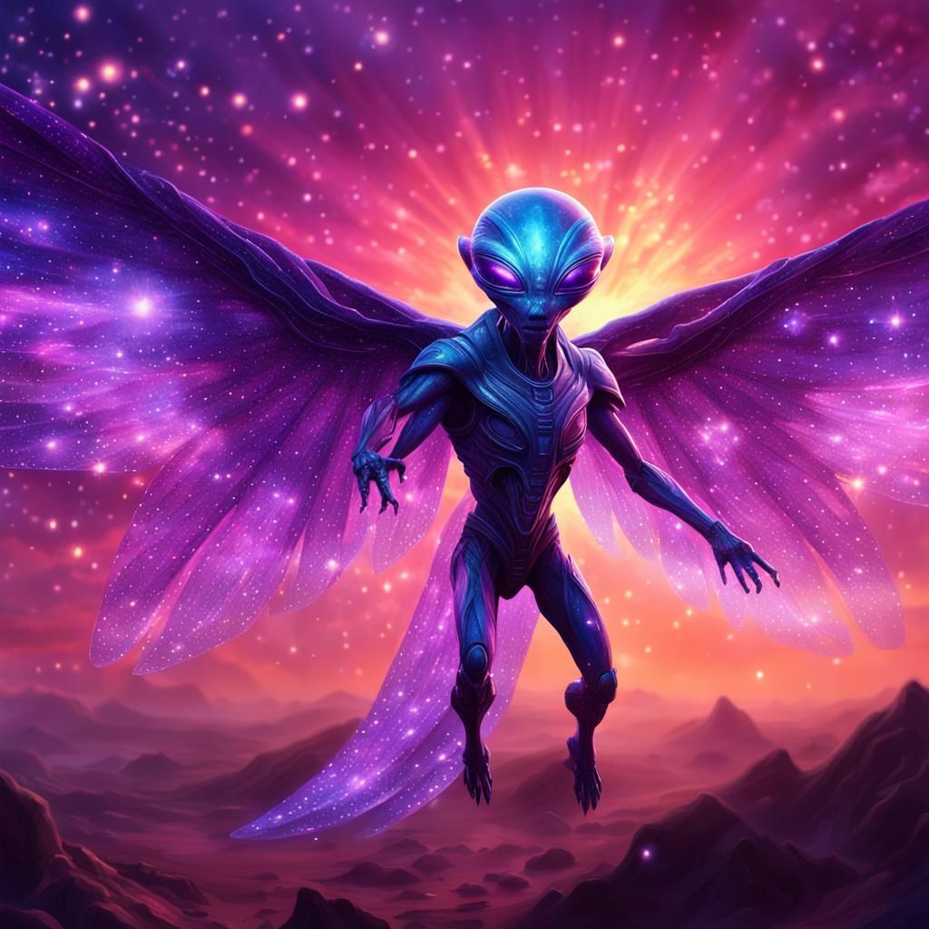 Purple Alien with Wings in Galaxy Sunset