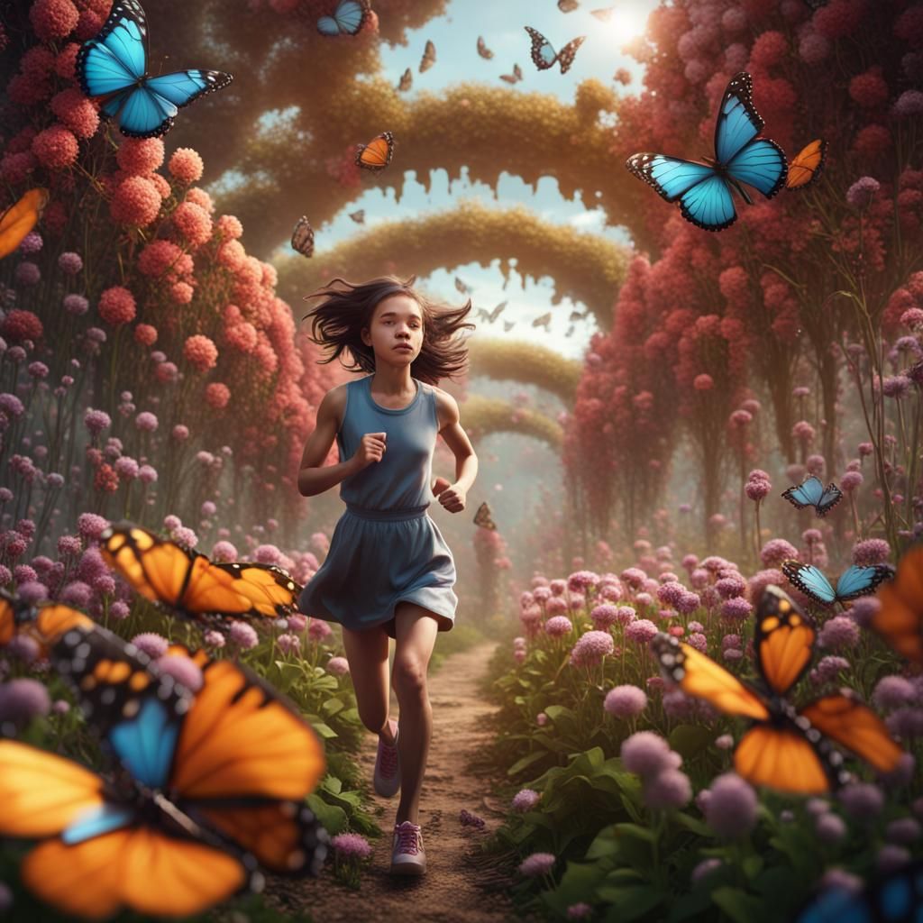 Girl Running in Flower Farm with Butterflies