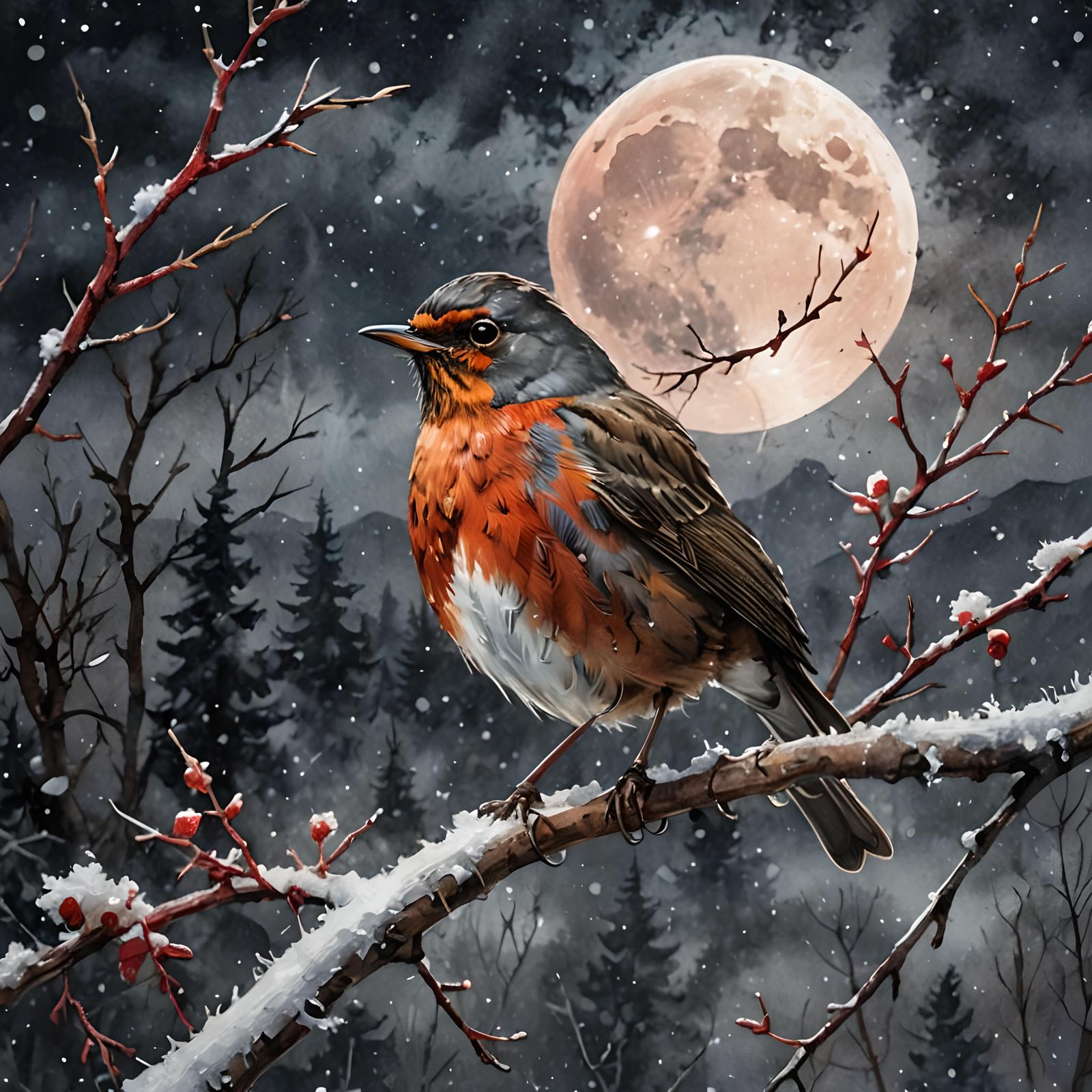 Red Robin in Snowy Impressionist Watercolor