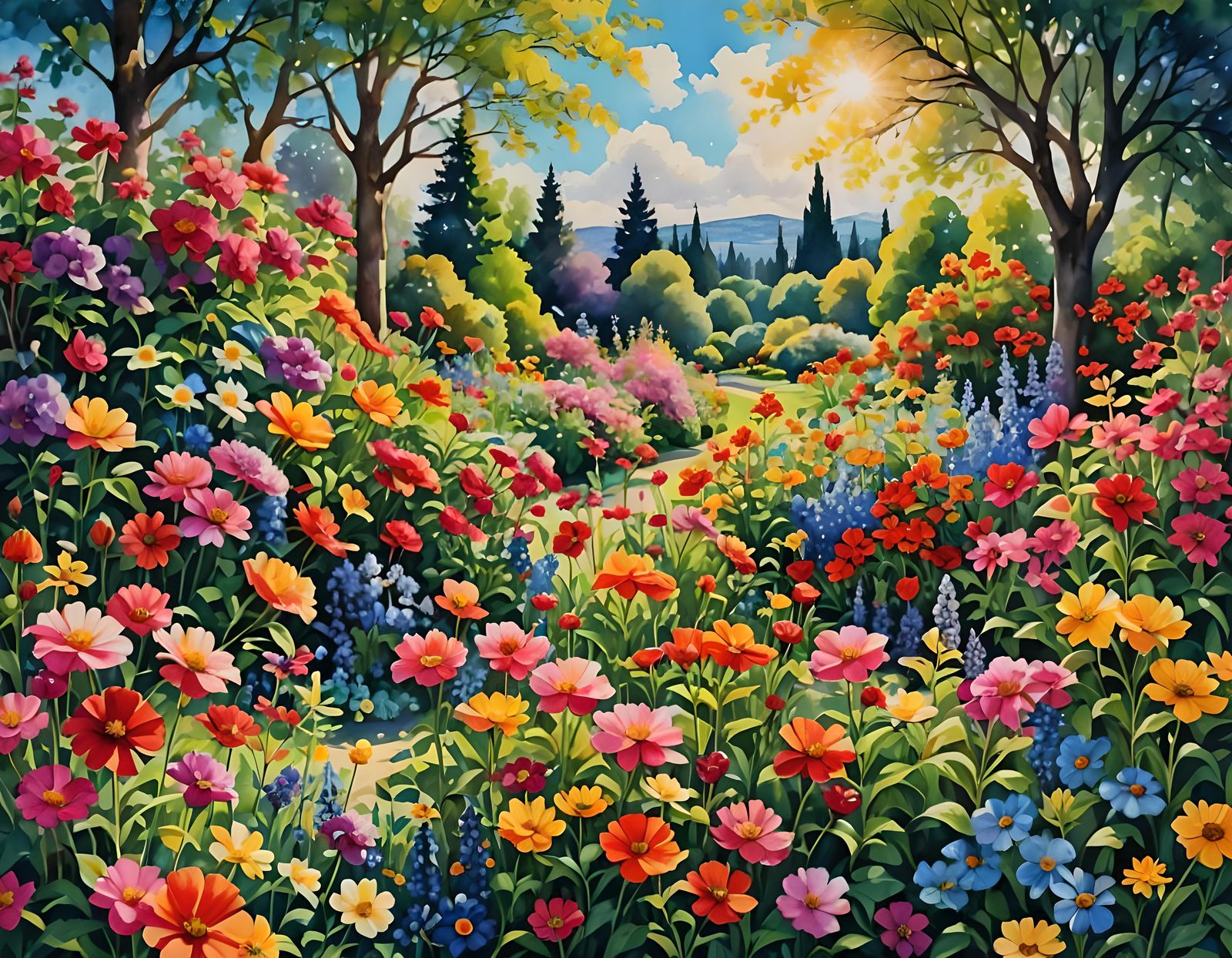 Vivid Watercolour Flower Garden in Spring Sunlight