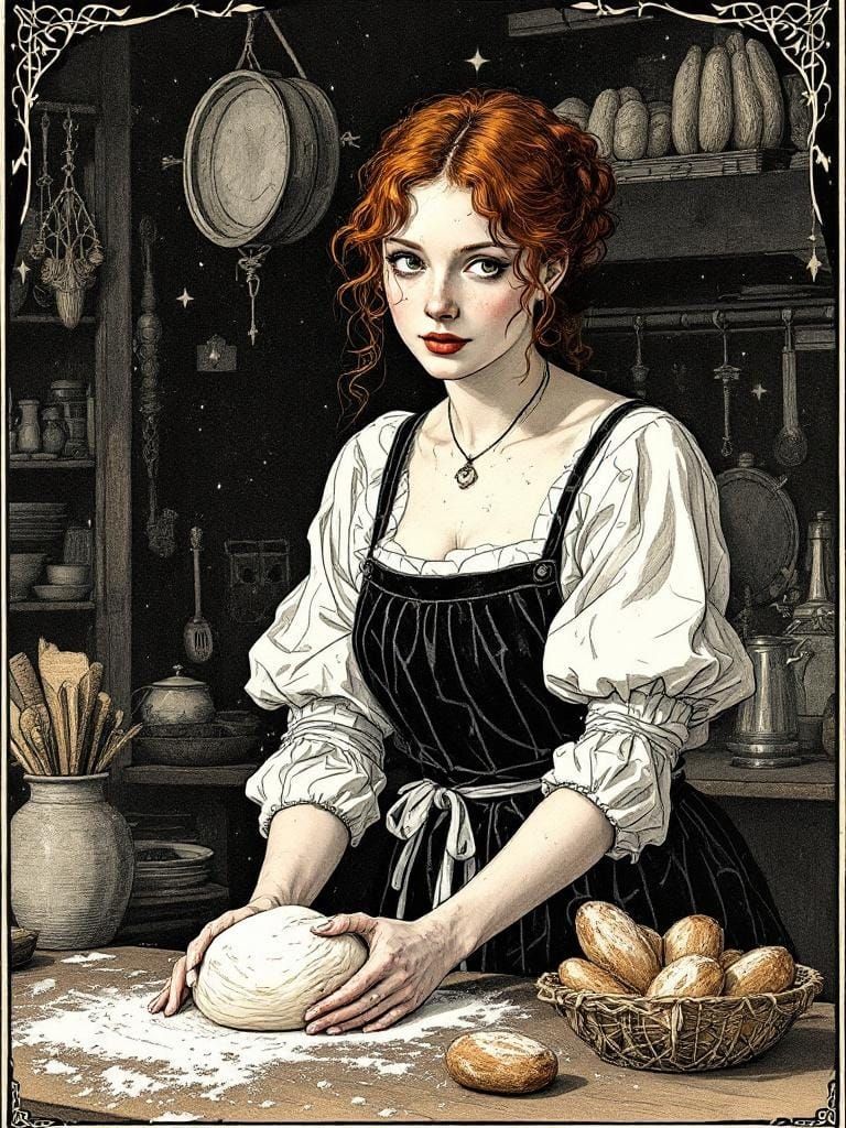 Redhead Baker in Kitchen: Aubrey Beardsley and Ingres Style