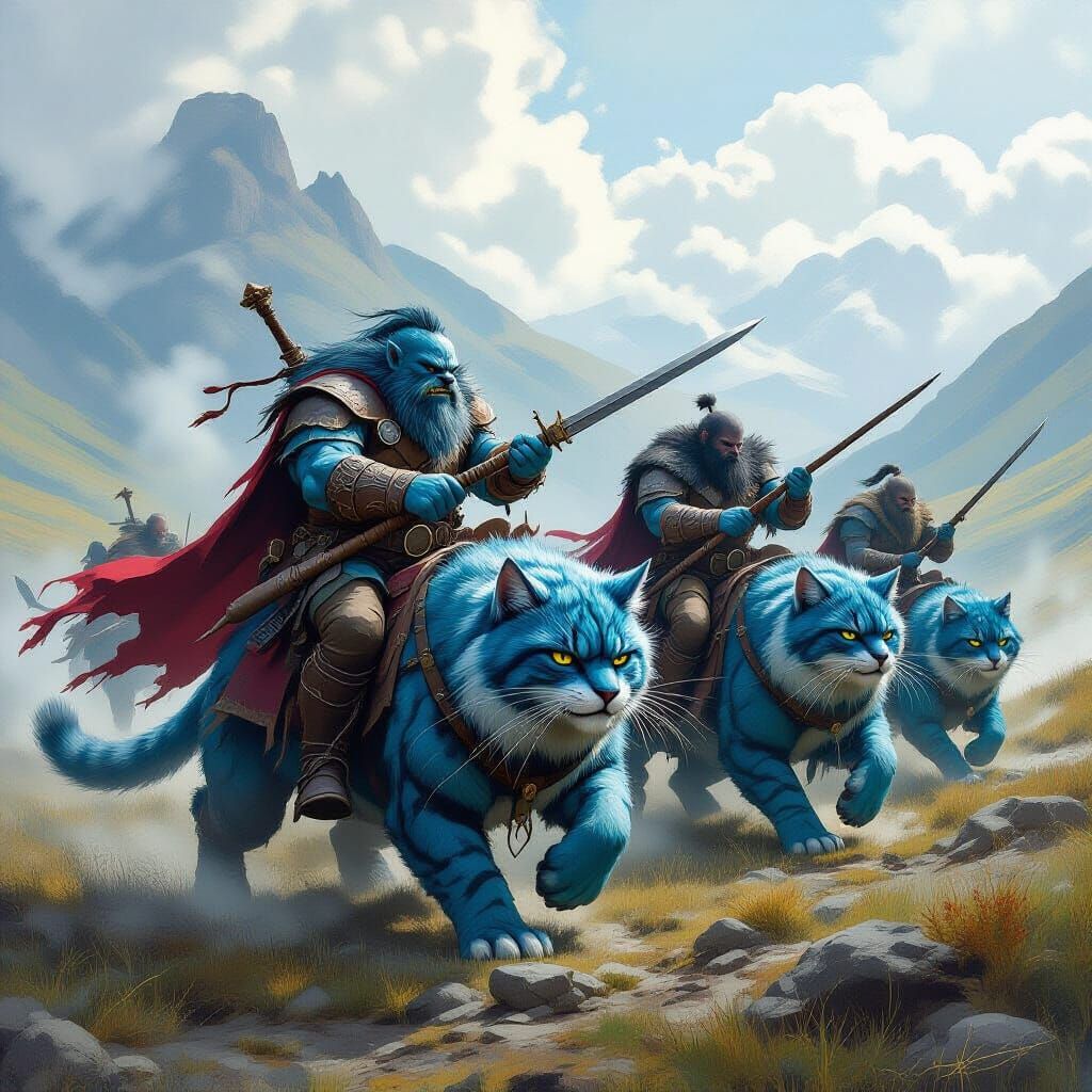Trolls on Blue Cats Battle in Fantasy Landscape