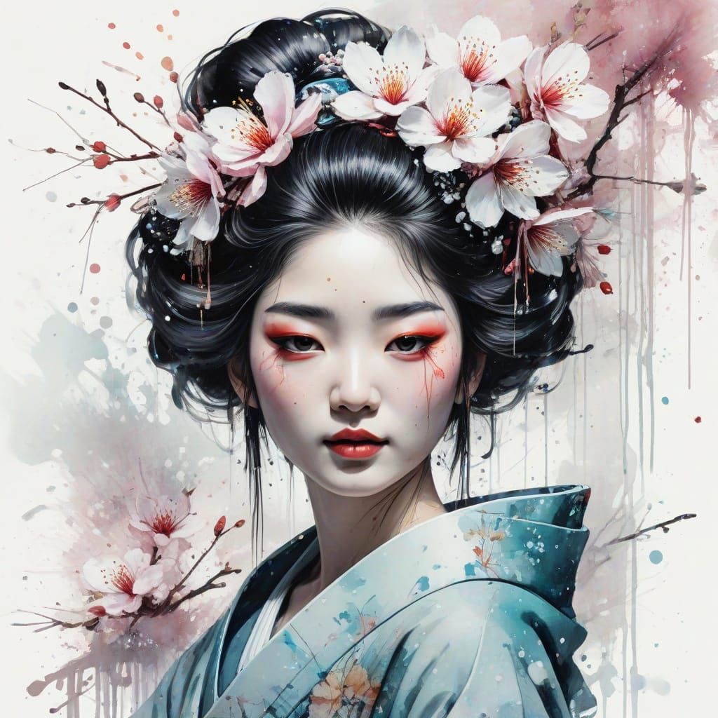 Whimsical Watercolour Geisha in Snowy Blossom Forest