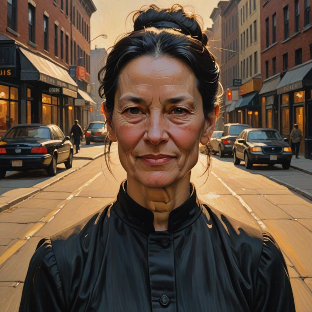 Mature Woman in City Streets, Oil on Canvas Portrait