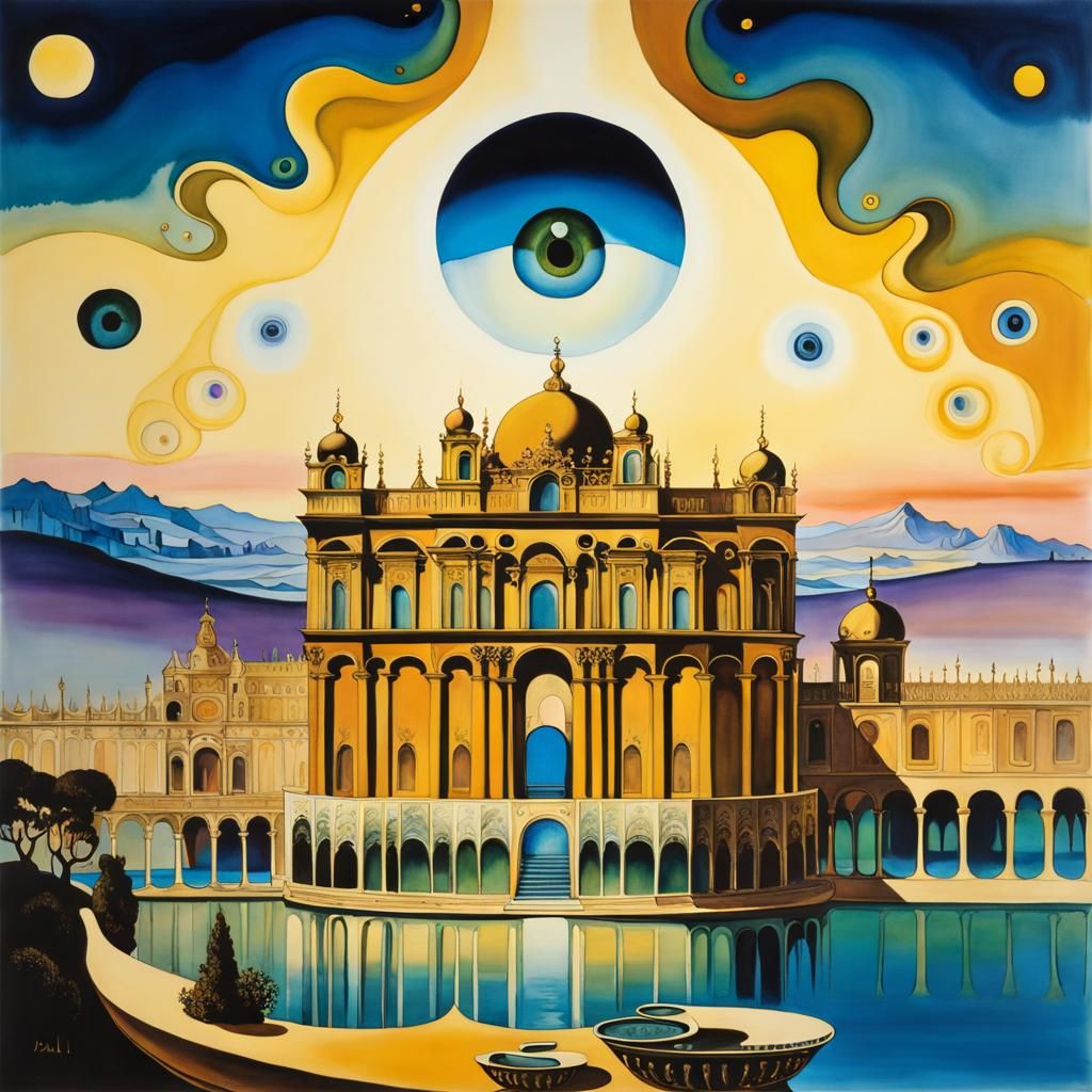 Surreal Palace with Floating Eye in Expressionist Style