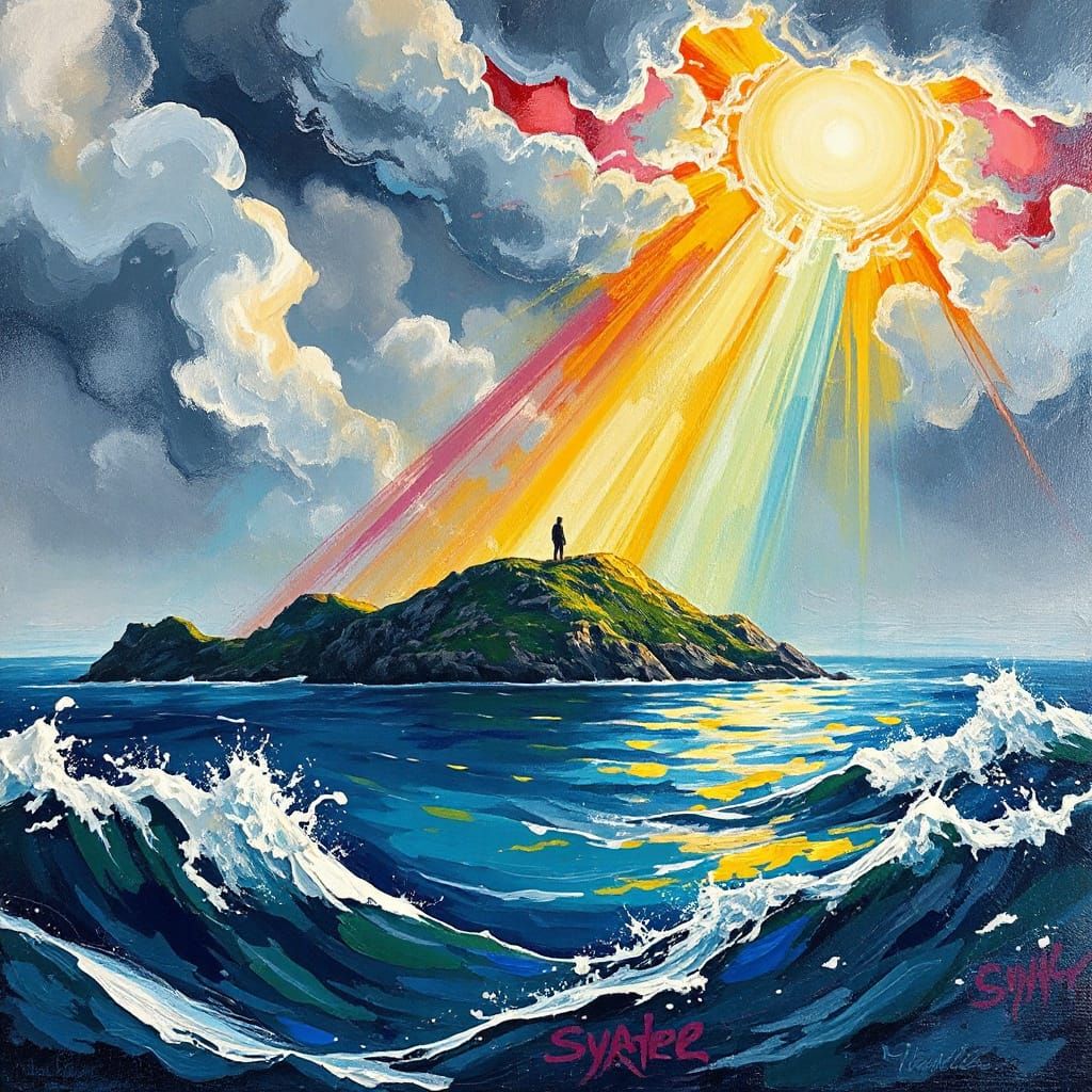 Rainbow Island in Stormy Sea: Neo-Impressionist Oil Painting