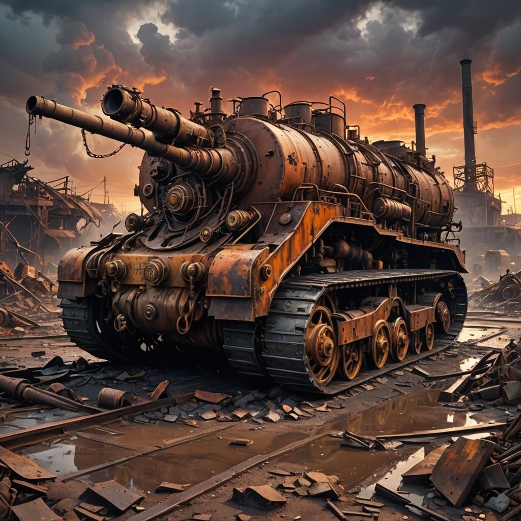 Dieselpunk Artillery Machine in Ruined Wasteland