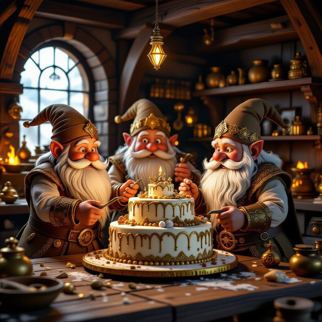 Industrious Dwarves Craft Elaborate Cake in Cozy Workshop