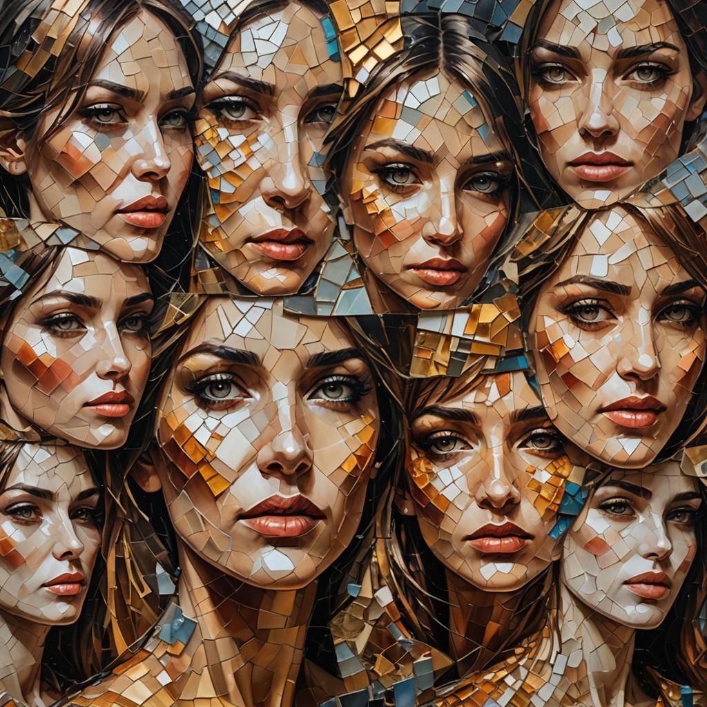 Mosaic Collage of Women's Faces in Abstract Realism
