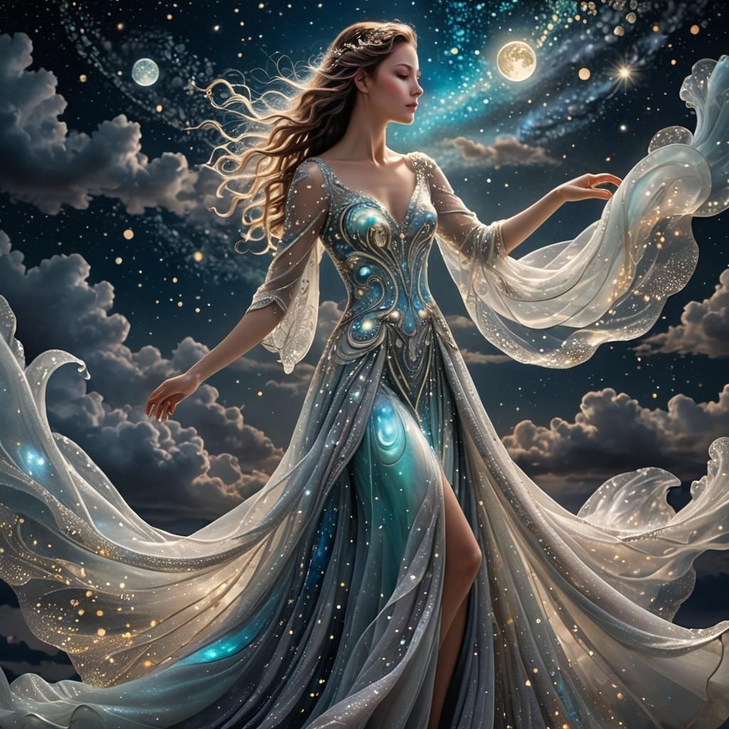 Ethereal Woman in Flowing Gown of Starlight