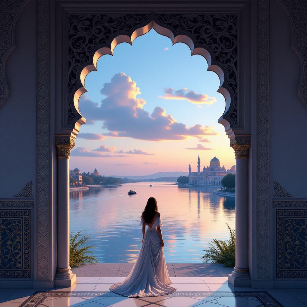 Ornate Arabesque Palace Wall With Riverscape